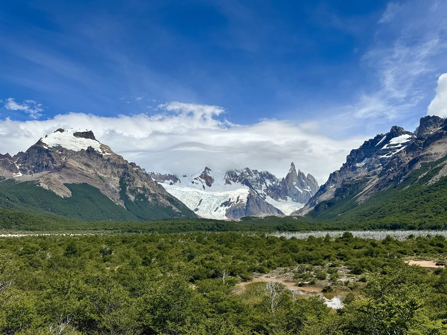 Cerro Torre and its glacier rising above the forest on the Laguna Torre trail
