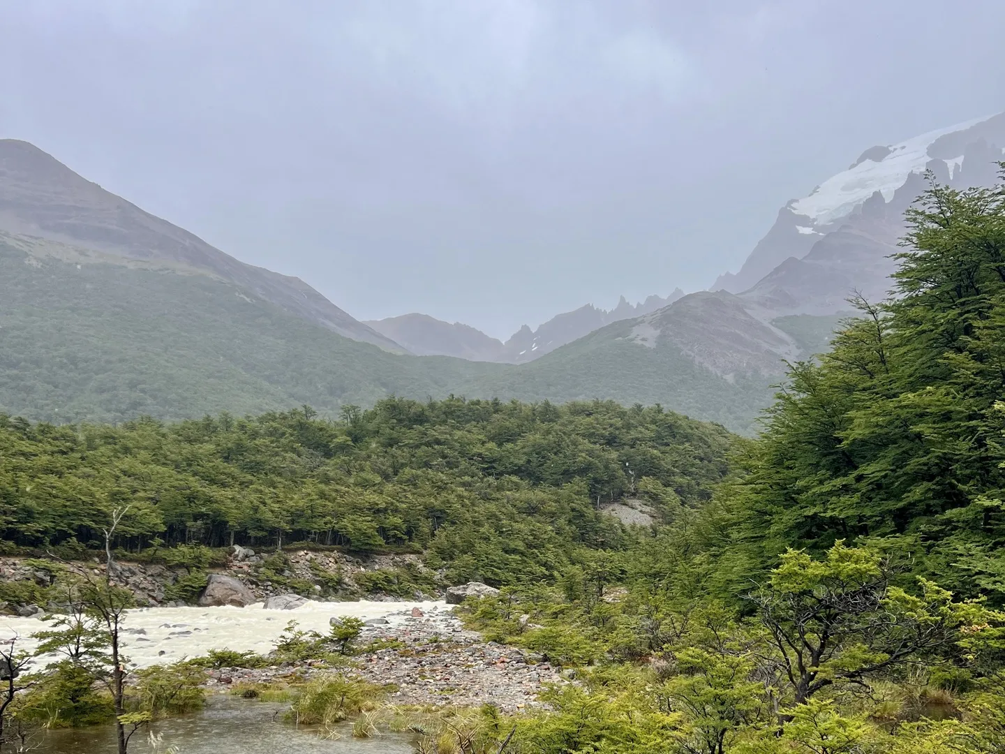 A glacial river winding below forested mountains under low rain cloud on the walk back from Laguna Torre