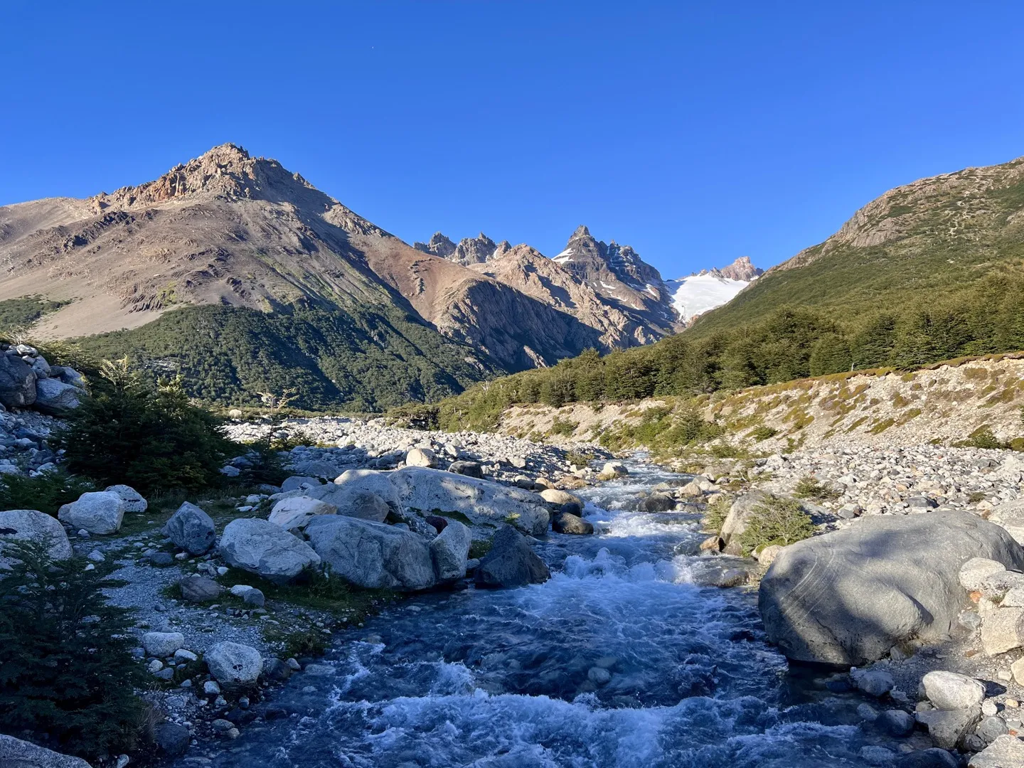 A clear glacial river rushing over boulders in the morning sun near Campamento Poincenot
