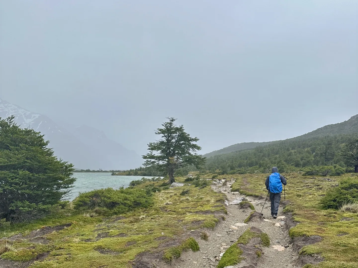A hiker in a blue rain jacket walking the lakeside trail past Lagunas Madre y Hija in drizzle