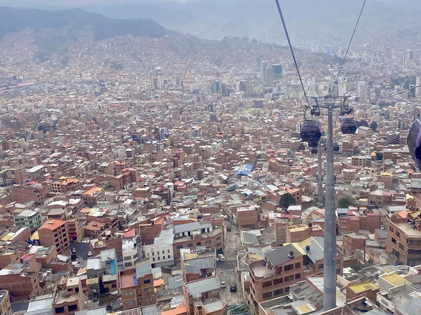 View over the rooftops of La Paz from a cable car high above the city