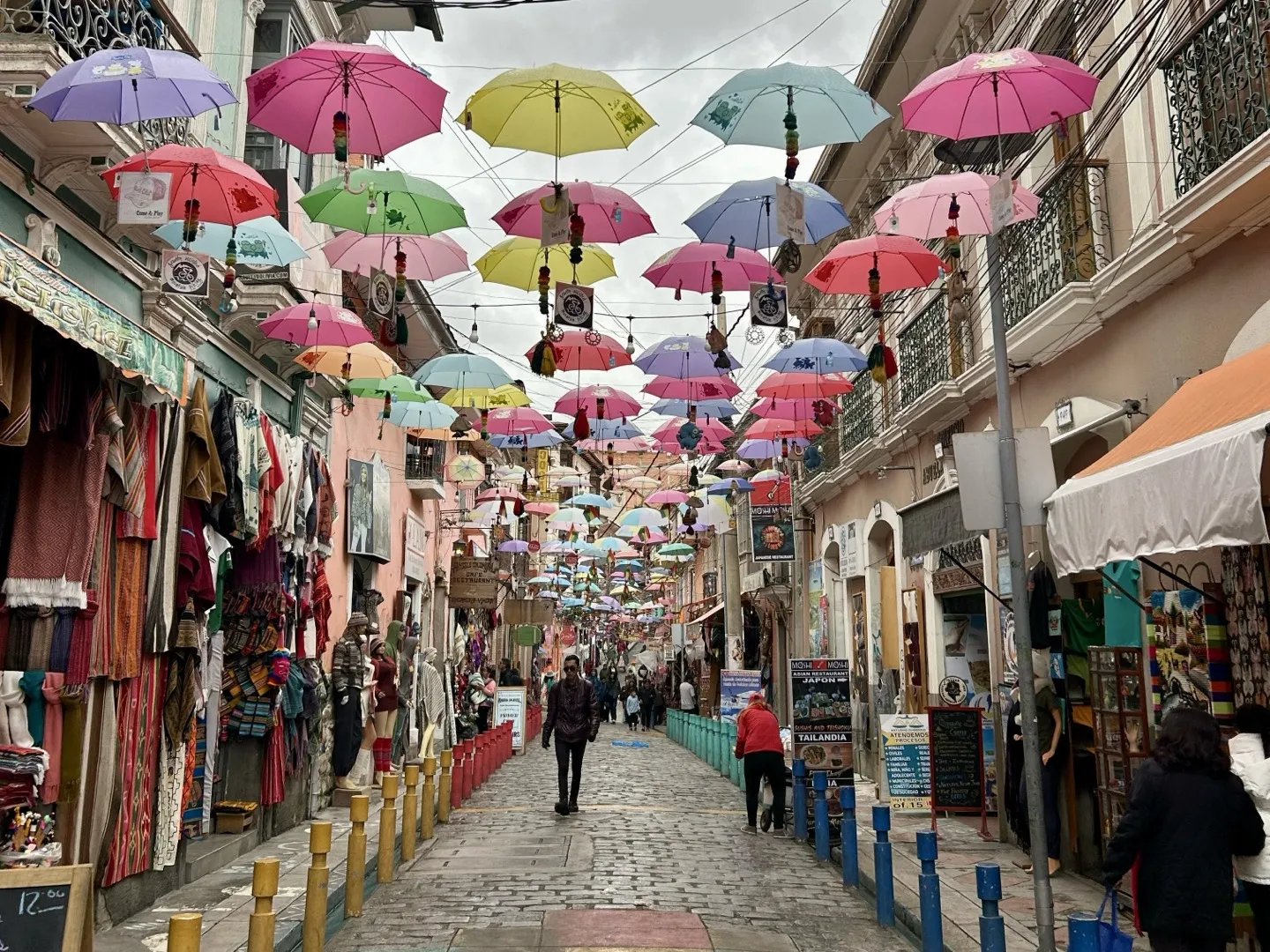 Coloured umbrellas strung above a shopping street in central La Paz