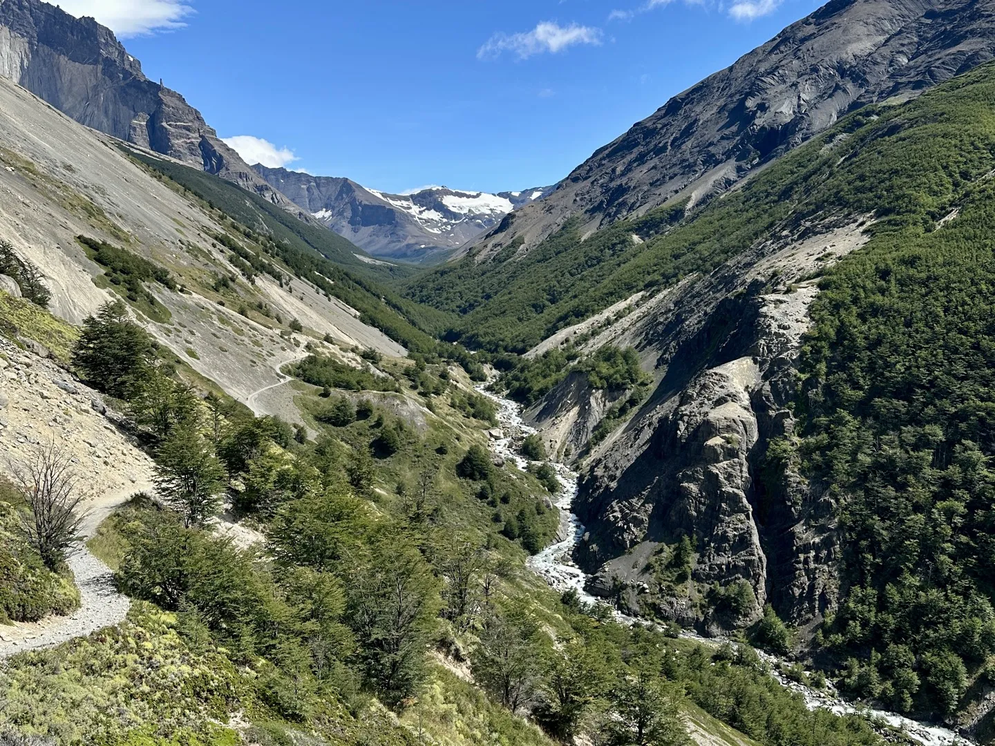 The trail down the Ascencio Valley with the river below, on the way back from Chileno