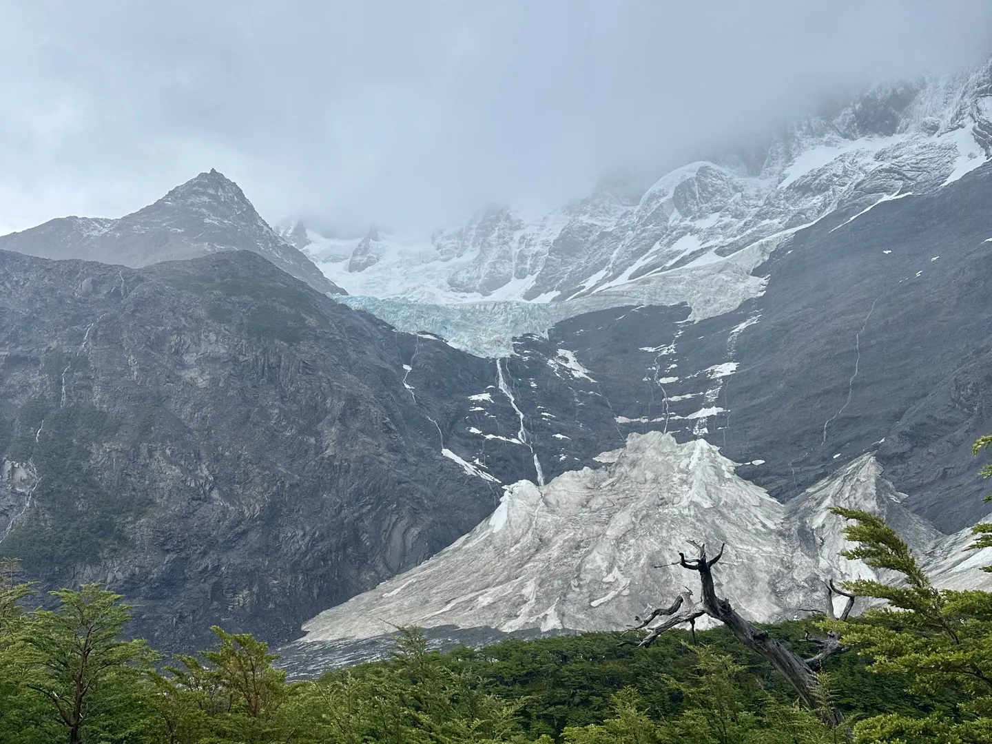 The Francés Glacier spilling down the cliffs of the Paine massif above the French Valley