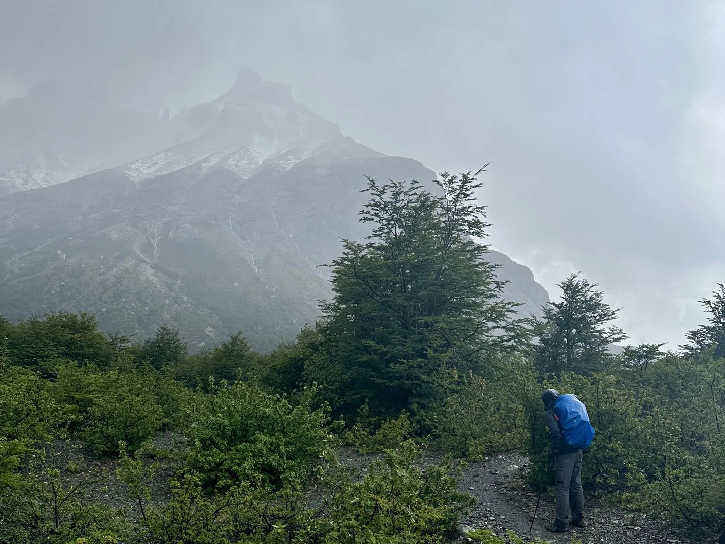 Hiker on the trail towards Italiano beneath the cloud-covered Paine Grande massif