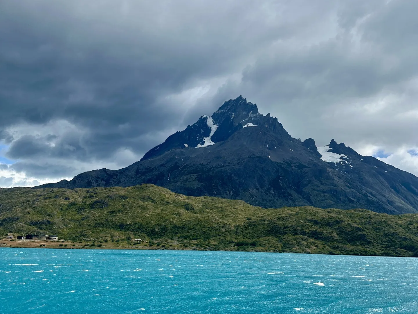 Storm clouds over the Paine Grande massif above Lago Pehoé on the catamaran crossing