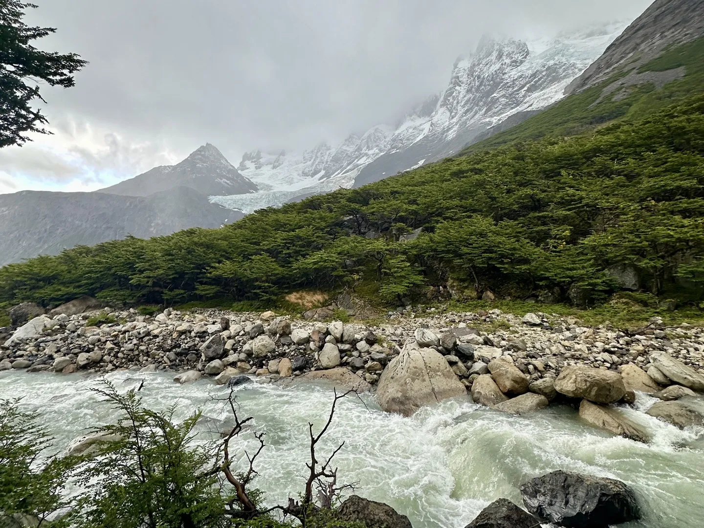 The Río del Francés rushing over boulders below the Francés Glacier in the French Valley