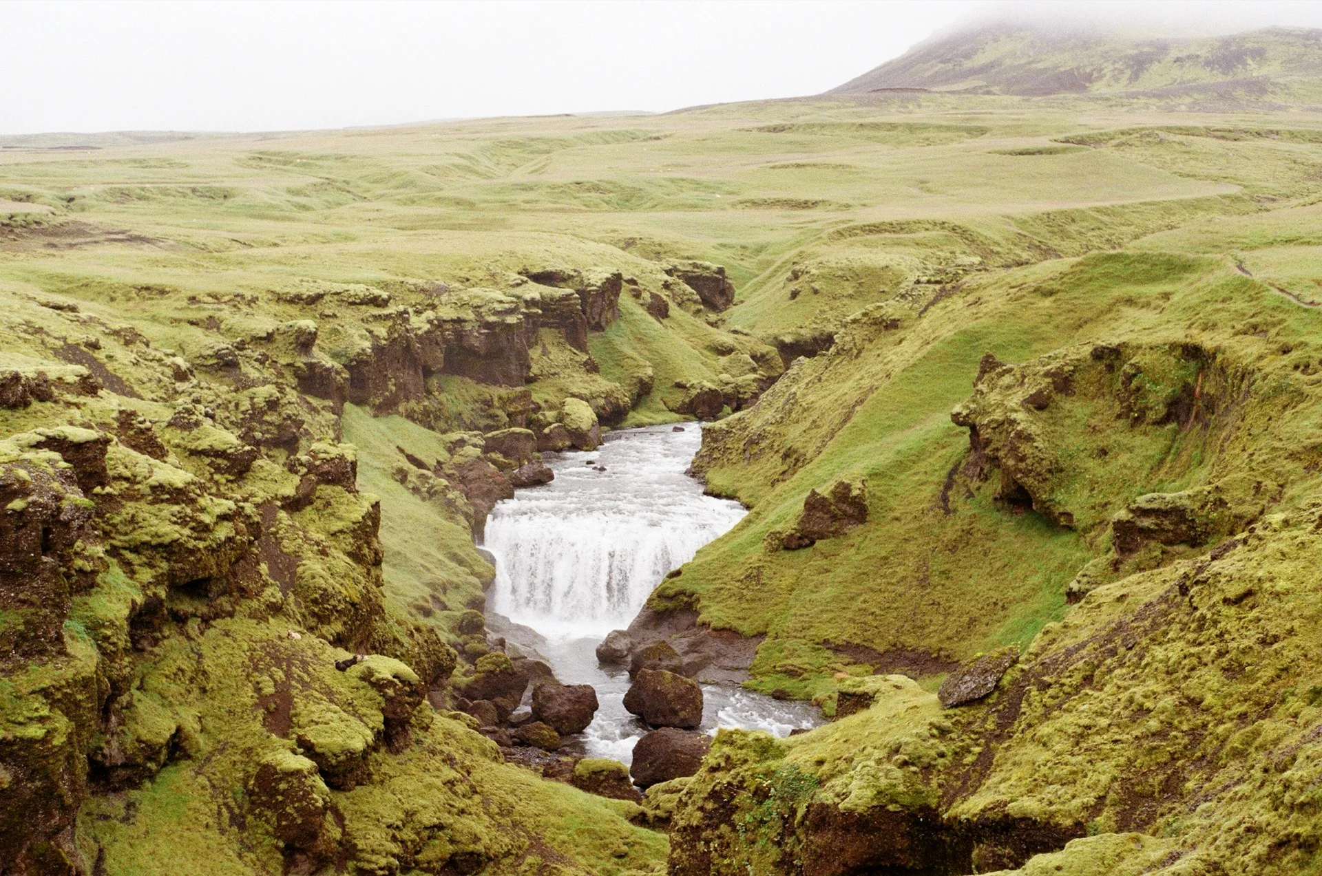 Waterfall cutting through a mossy green canyon in Iceland