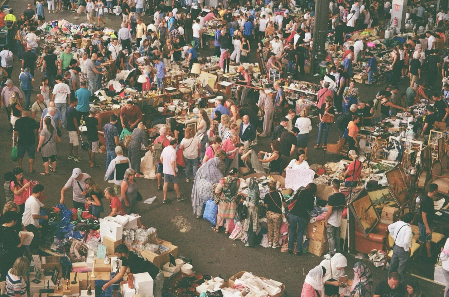 Aerial view of a packed flea market