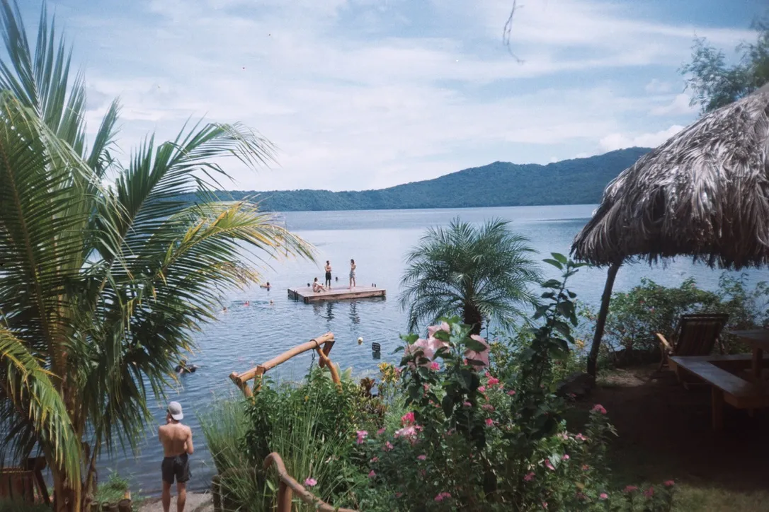 Tropical lake with palm trees and a floating dock
