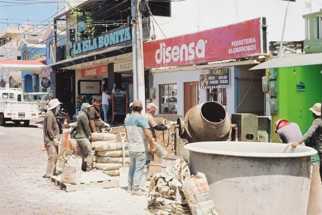 Street construction outside local shops in the Galapagos