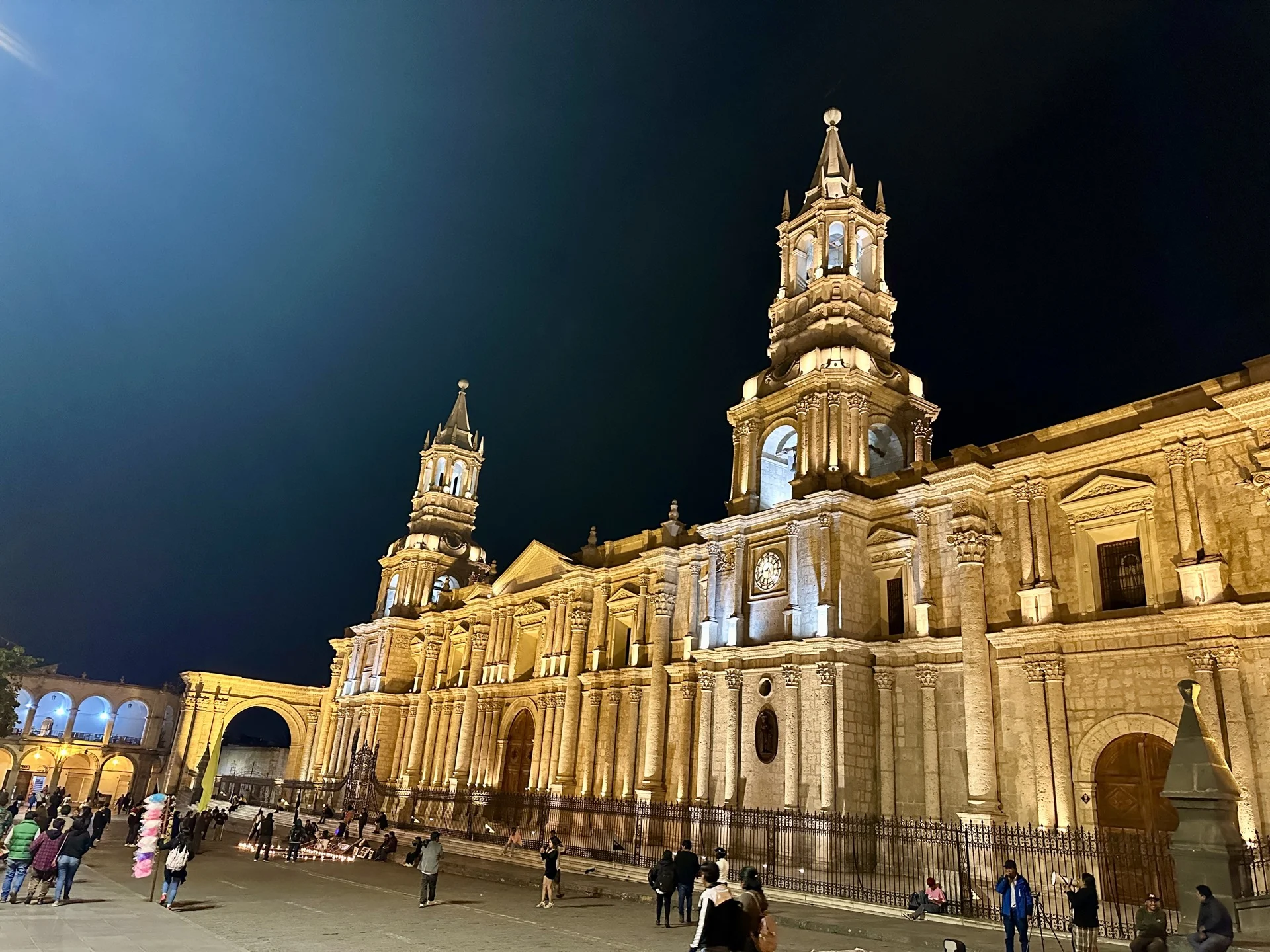 Arequipa cathedral and Plaza de Armas lit up at night after the Colca Canyon trek