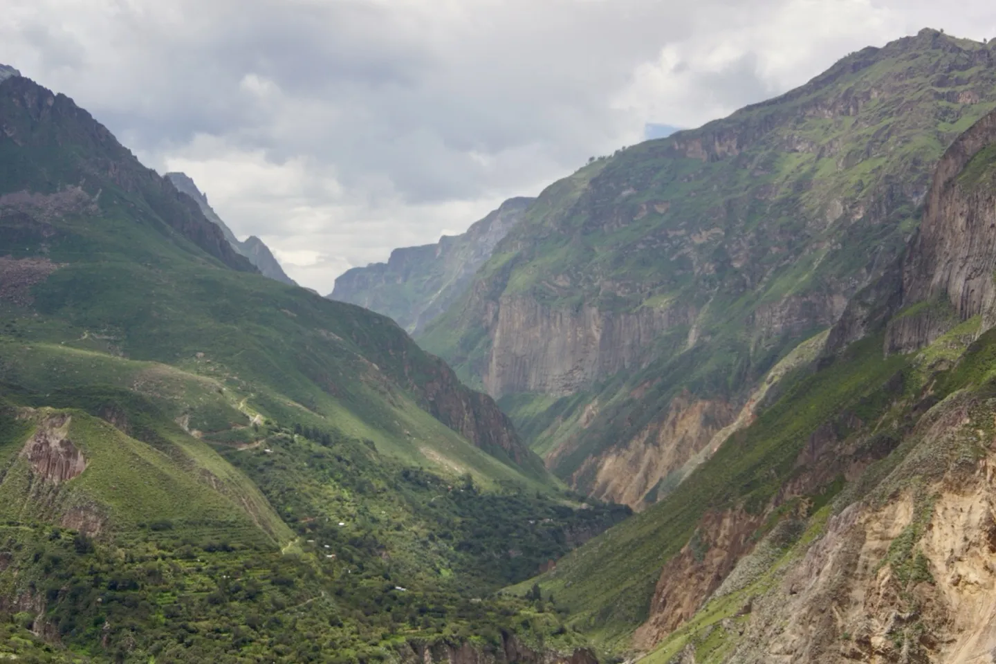 Cloud-covered green walls of the Colca Canyon on the climb out to Cabanaconde