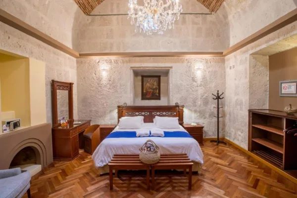 Spanish courtyard of the refurbished colonial Casona Solar hotel in Arequipa