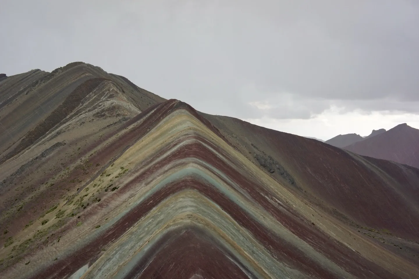 Colourful mineral rock layers along the summit ridge of Rainbow Mountain